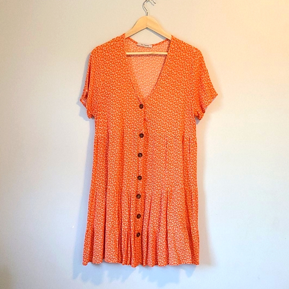 Floral Print Orange Button Down Dress with…